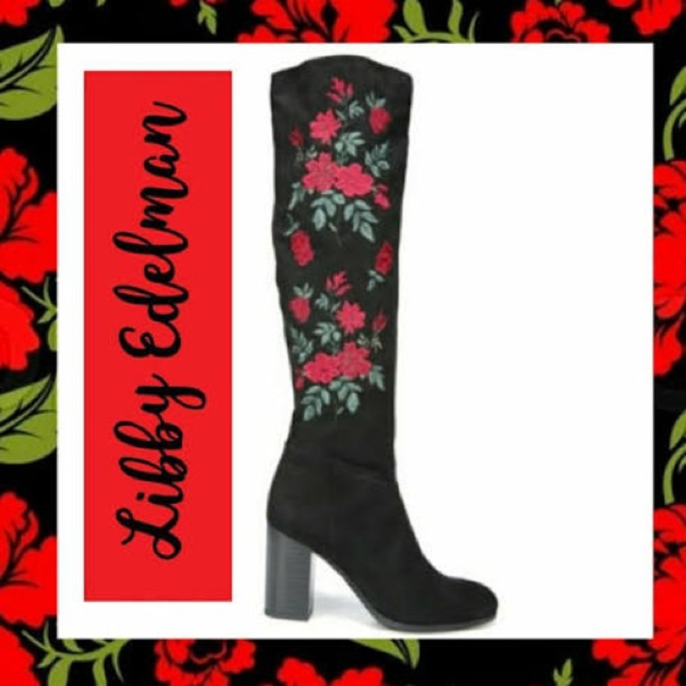 Black Suede with Red Flower Boots